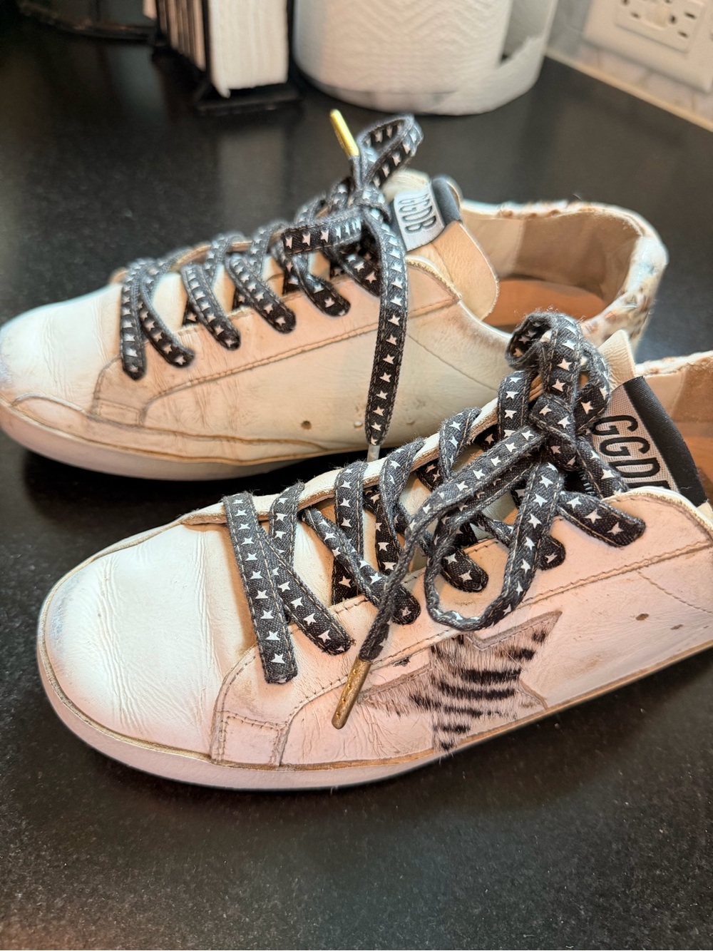 Golden Goose White Sneakers with Leopard Heel and Black Star
